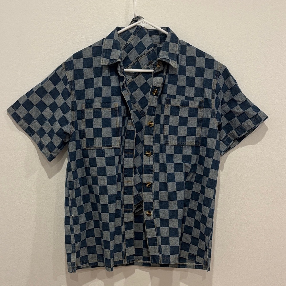 Blue Checkered button down shirt and shorts
